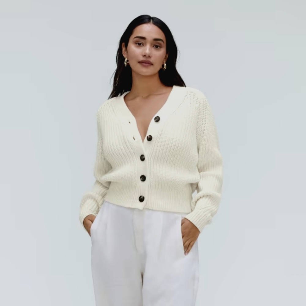 Everlane The Texture Cotton Cardigan chunky cable knit in canvas ivory Sz XS